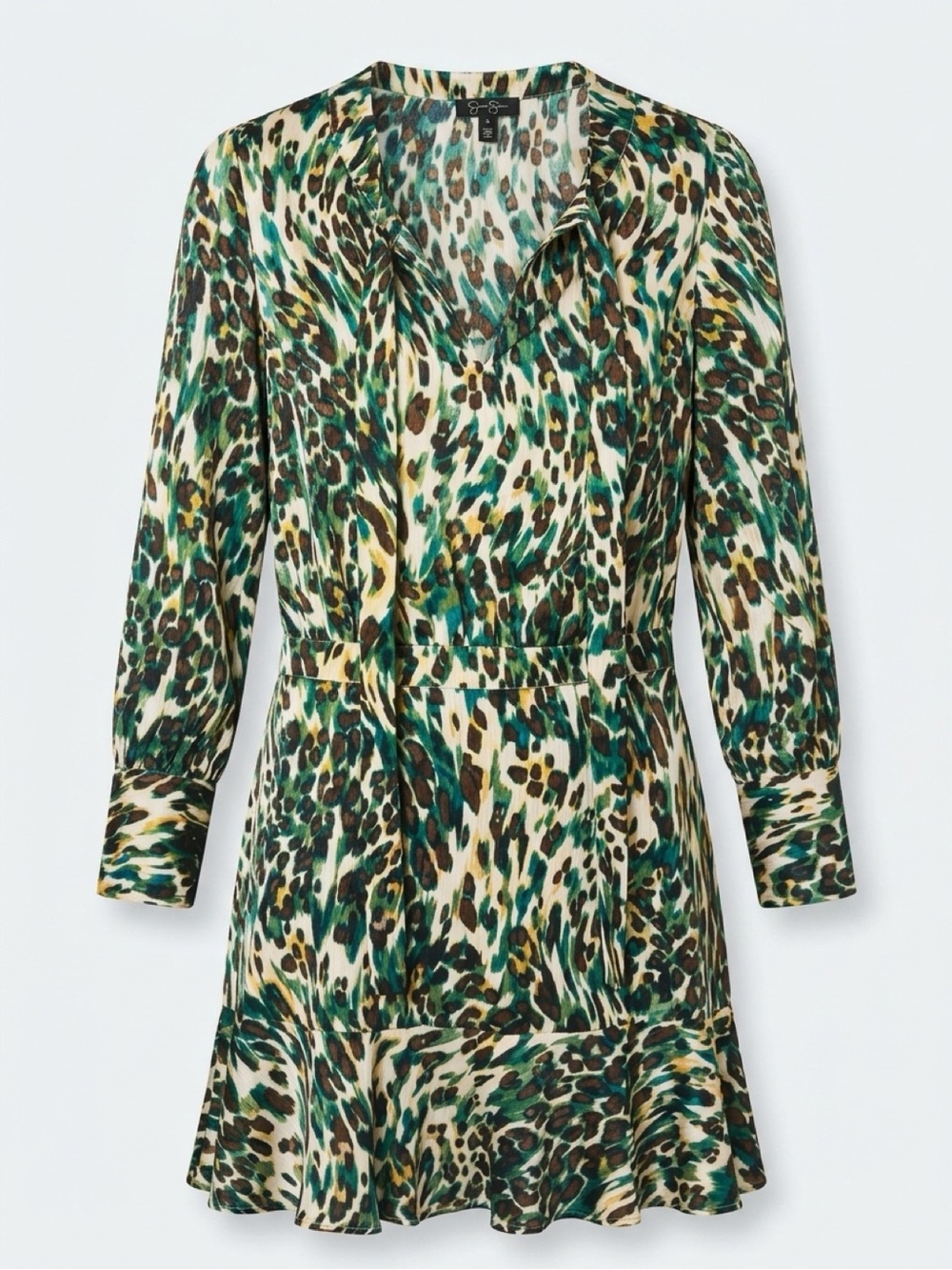Jessica Simpson Green and Cream Animal-Print Long-Sleeve Dress